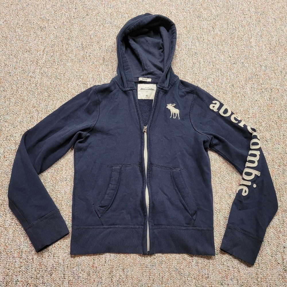 Abercrombie &‎ Fitch Sweatshirt Boys XL Navy Blue Hoodie Sleeve Spell Out Logo
